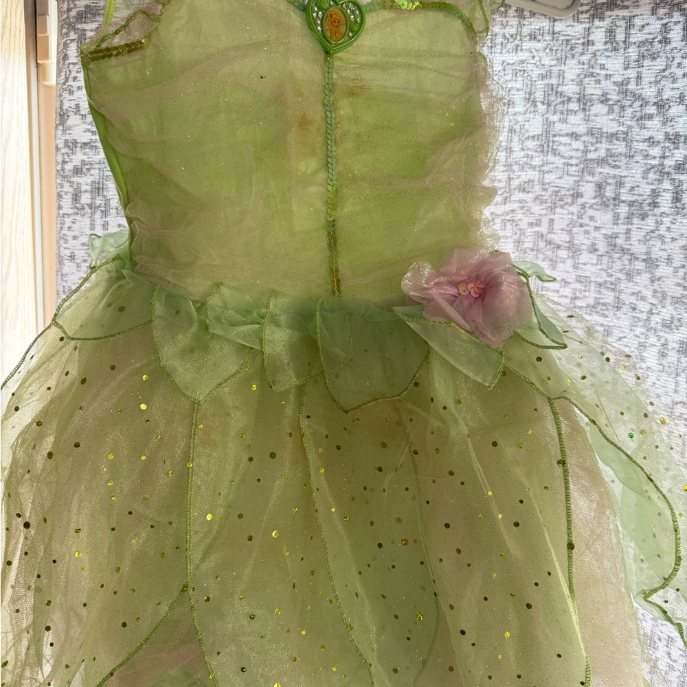 Disney Green Fairy Tulle Costume Dress with Pink Flower Accent
